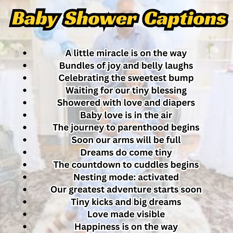 Flat lay of pastel baby shower decor with sweet caption text