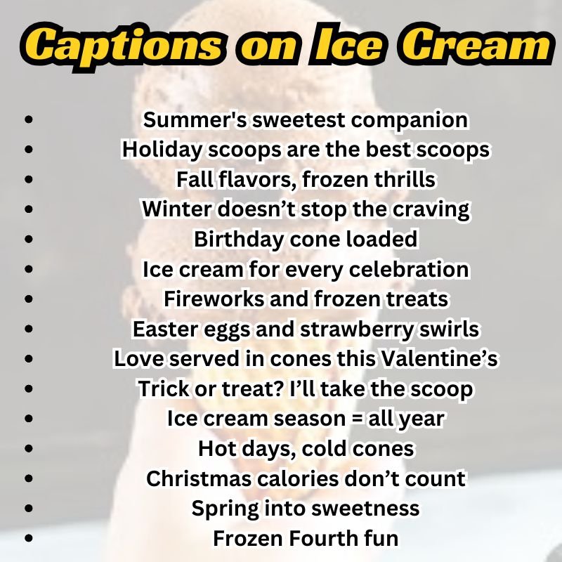 A TikTok-style video frame showing a girl eating gelato with trendy caption ideas.