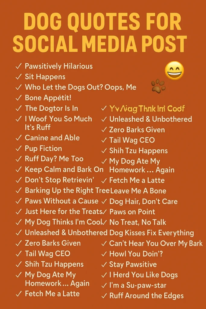 Collage of dog photos with trendy captions, emojis, and social media icons like Instagram, TikTok, and Twitter.