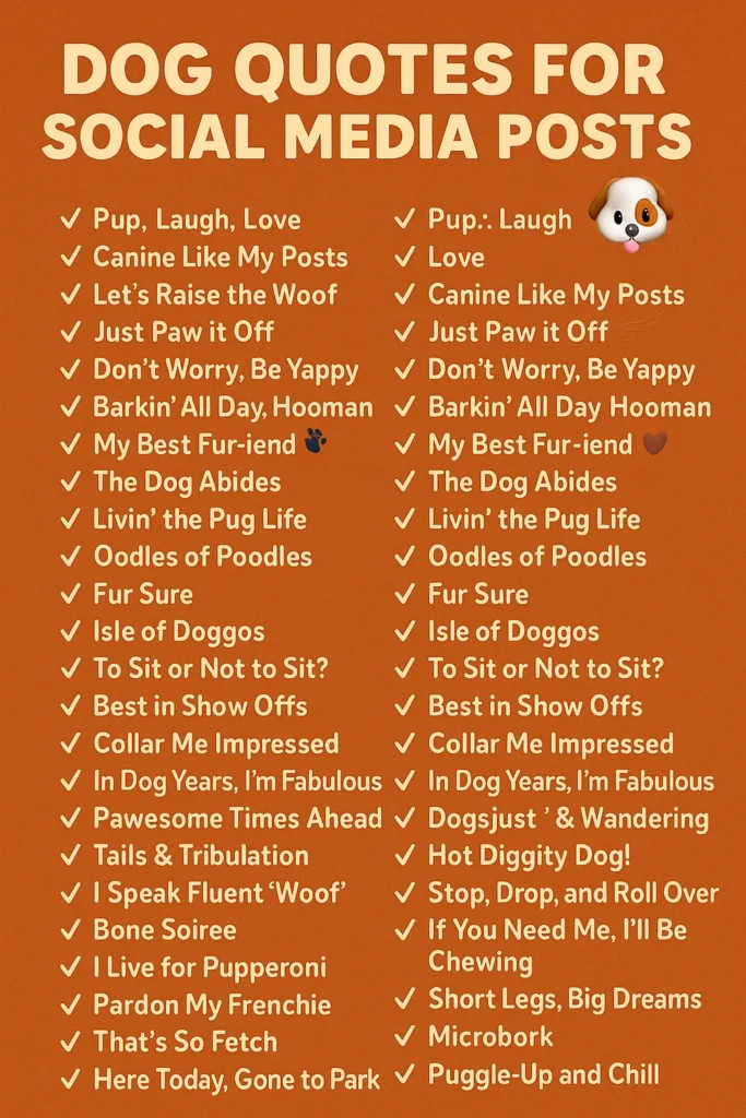 Collage of dog photos with trendy captions, emojis, and social media icons like Instagram, TikTok, and Twitter.
