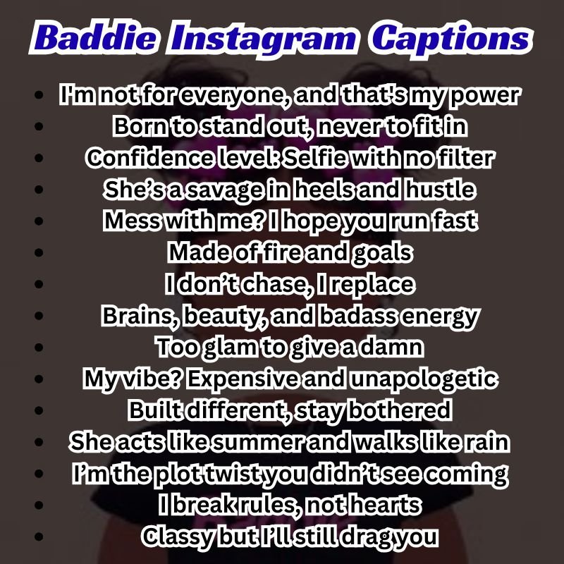 Close-up selfie of a confident girl with bold makeup and the caption “Too glam to give a damn” in overlay text