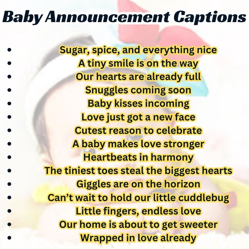 Couple’s hands forming a heart over a baby bump, overlayed with a sweet caption like “Little one on the way.”