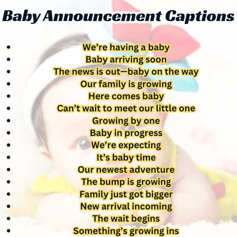 Social media grid preview showing a variety of baby announcement captions with cute and emotional imagery.