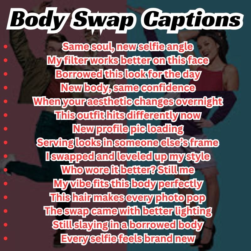 Romantic couple smiling with sweet body swap captions overlayed.