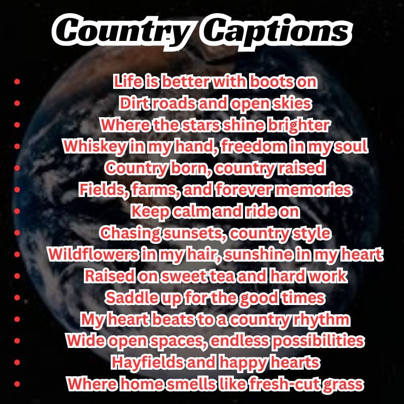 A scenic sunset over rolling fields with text overlay of country captions list