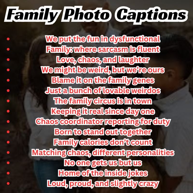 Group family photo in a park with warm and funny captions