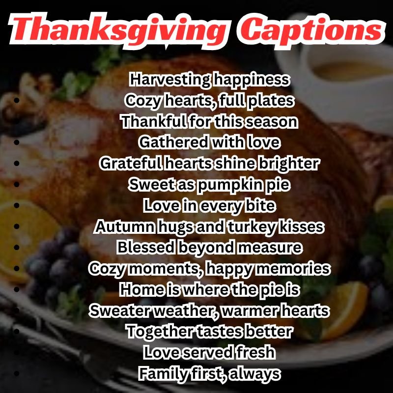 Smiling family posing for a photo with overlay text of Thanksgiving captions
