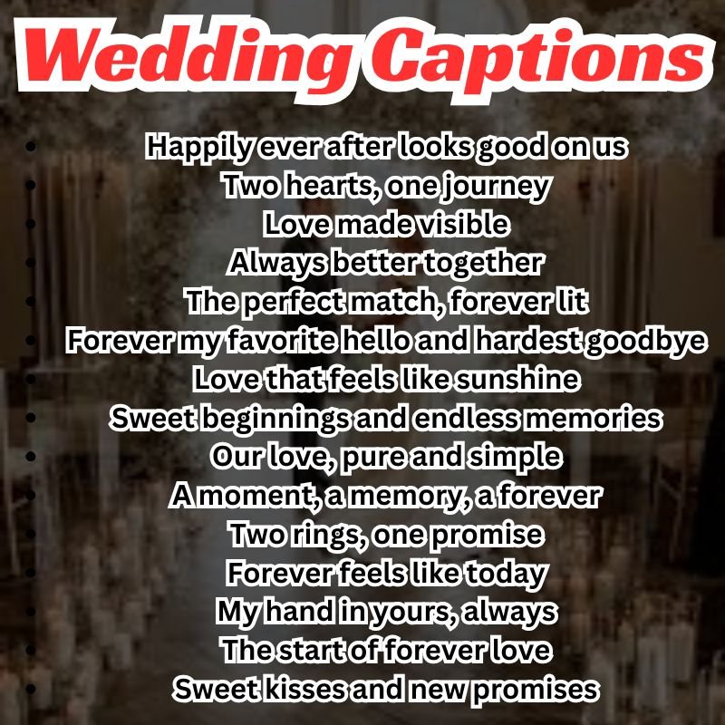 Newlyweds holding hands under fairy lights with sweet caption