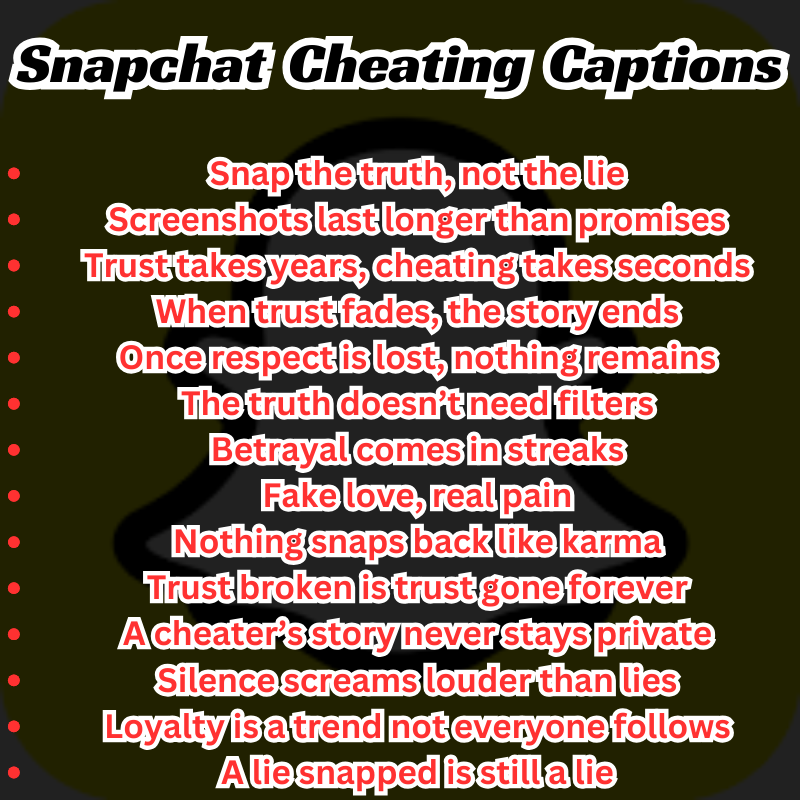 A bold Snapchat cheating caption list with funny and savage lines for snaps.